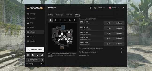 Lineup library tab in the Ancient practice menu