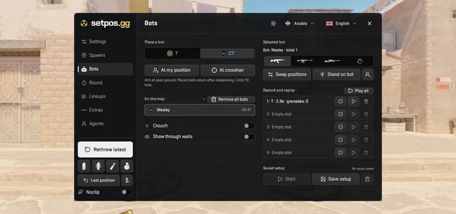 Bots tab in the Anubis practice menu