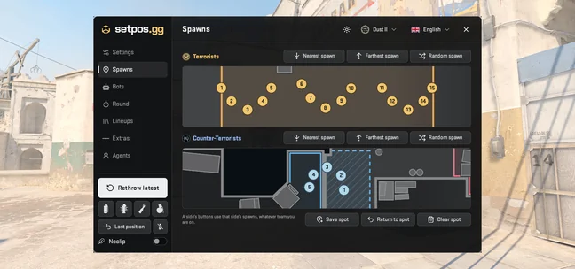 Menu tab showing every T and CT spawn of Dust II on a top-down map