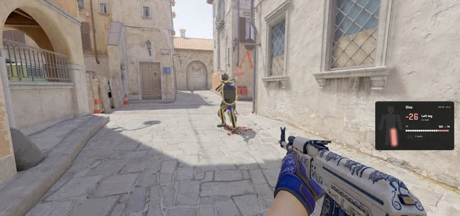 Hit report after a leg shot on a bot, its skeleton drawn over it, in Inferno