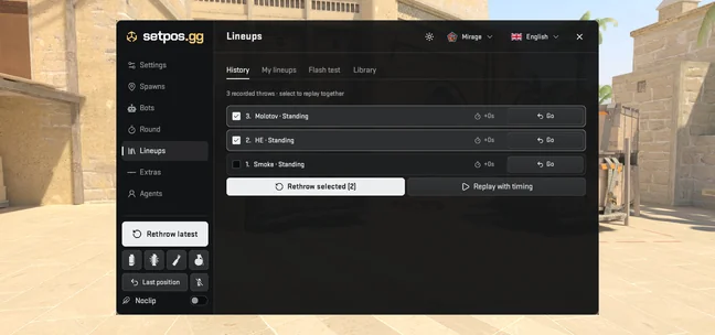 Grenade history tab in the Mirage practice menu