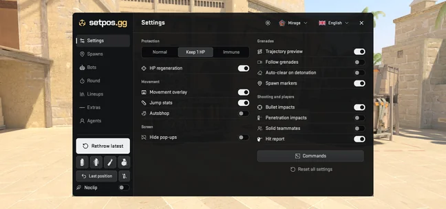 Practice menu inside the Mirage Workshop map