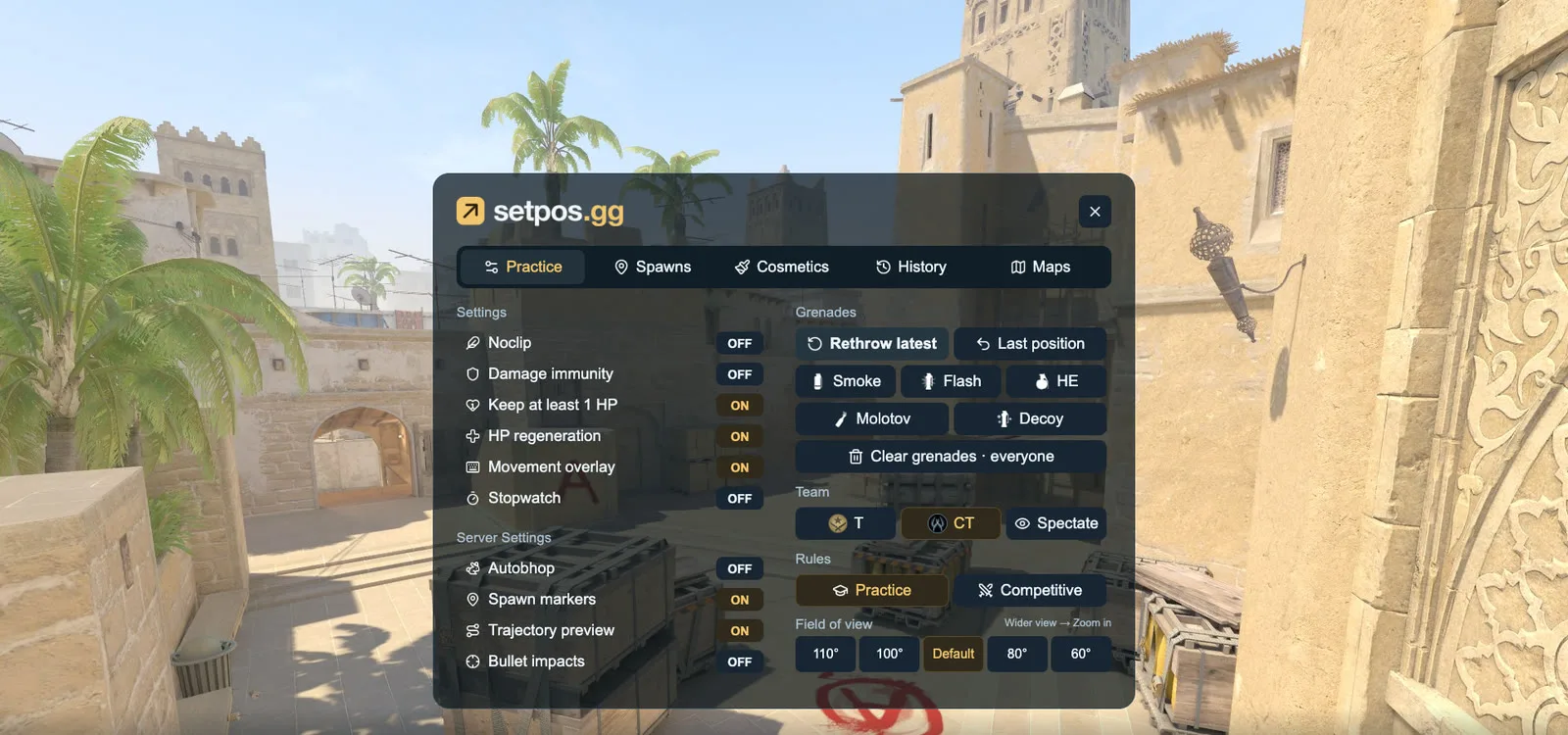 Practice menu inside the Mirage Workshop map