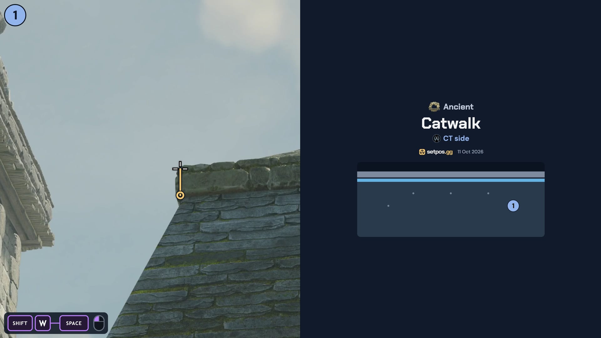 Ancient Catwalk instant smoke cheat sheet for CS2: where to aim, CT spawns 1