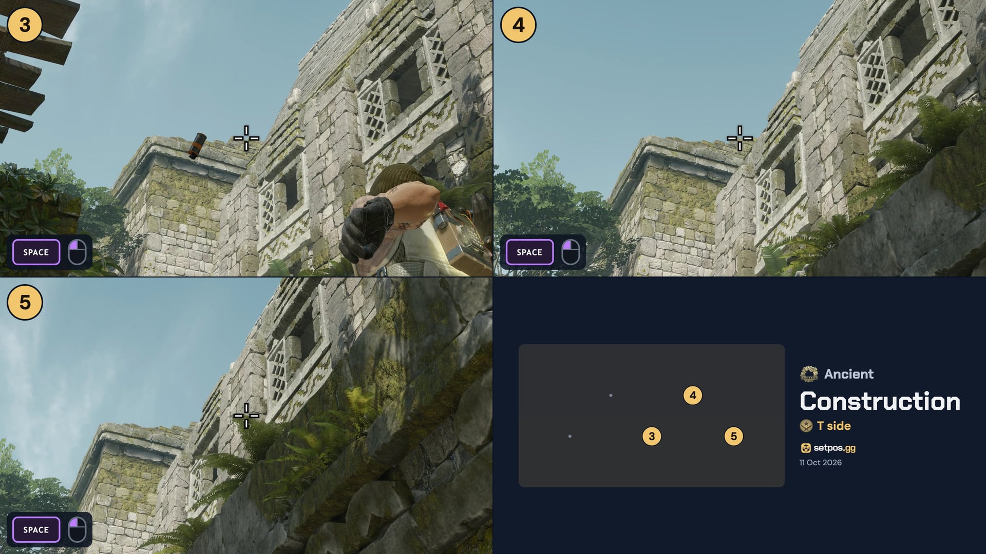 Ancient Construction instant smoke cheat sheet for CS2: where to aim, T spawns 3, 4, 5