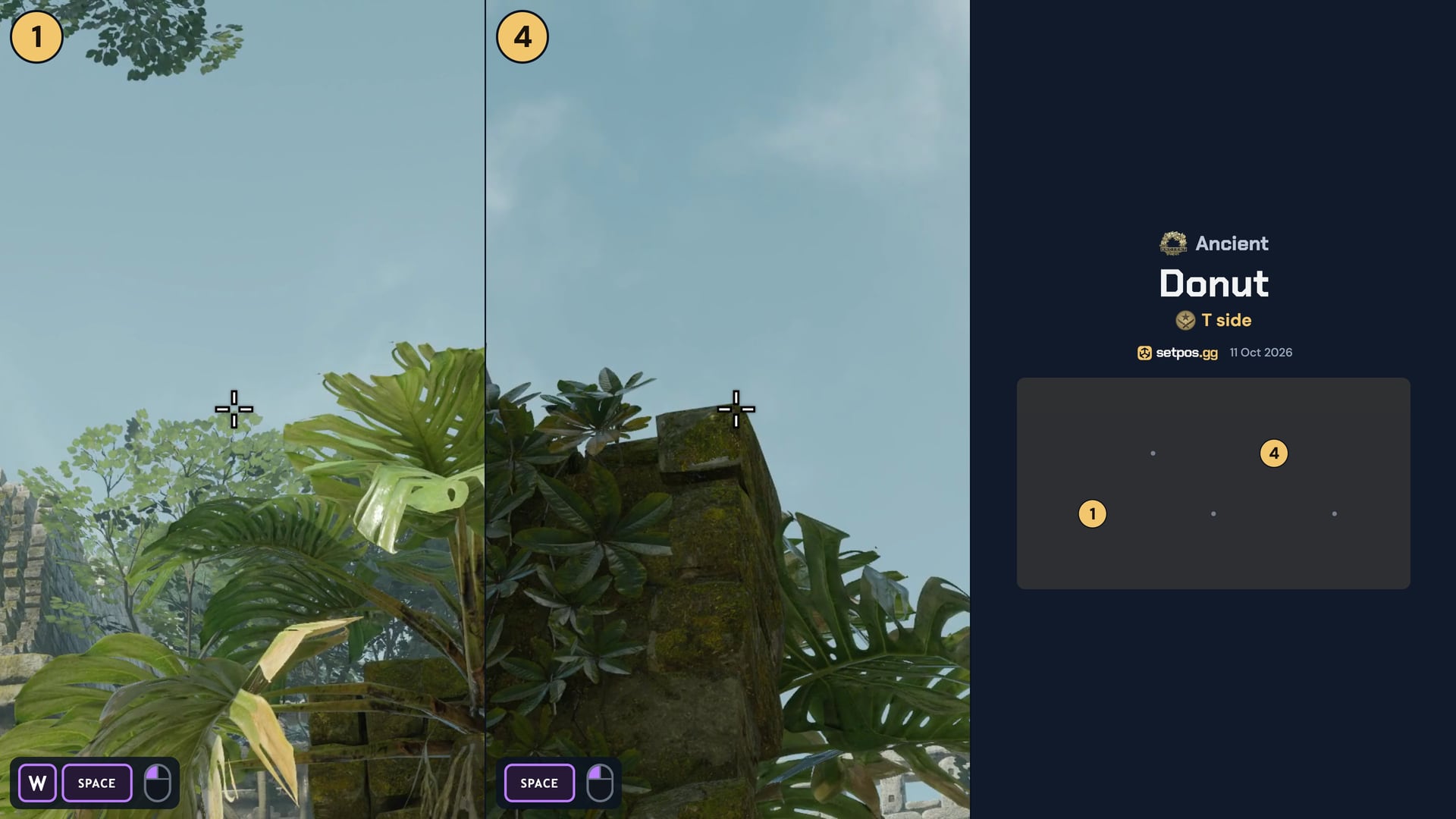 Ancient Donut instant smoke cheat sheet for CS2: where to aim, T spawns 1, 4