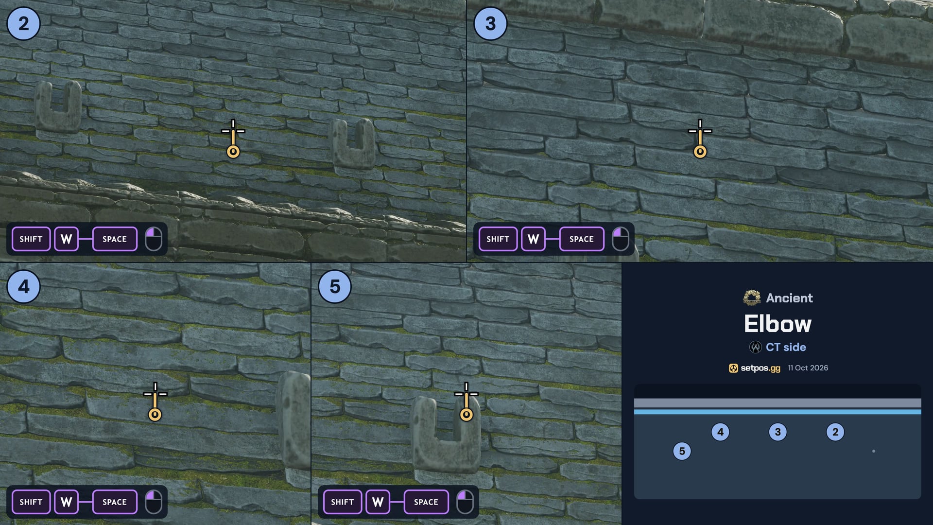 Ancient Elbow instant smoke cheat sheet for CS2: where to aim, CT spawns 2, 3, 4, 5