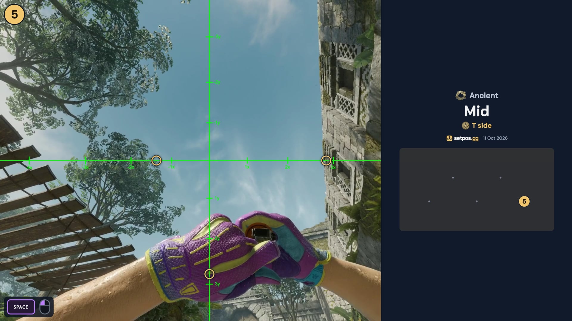 Ancient Mid instant smoke cheat sheet for CS2: where to aim, T spawns 5