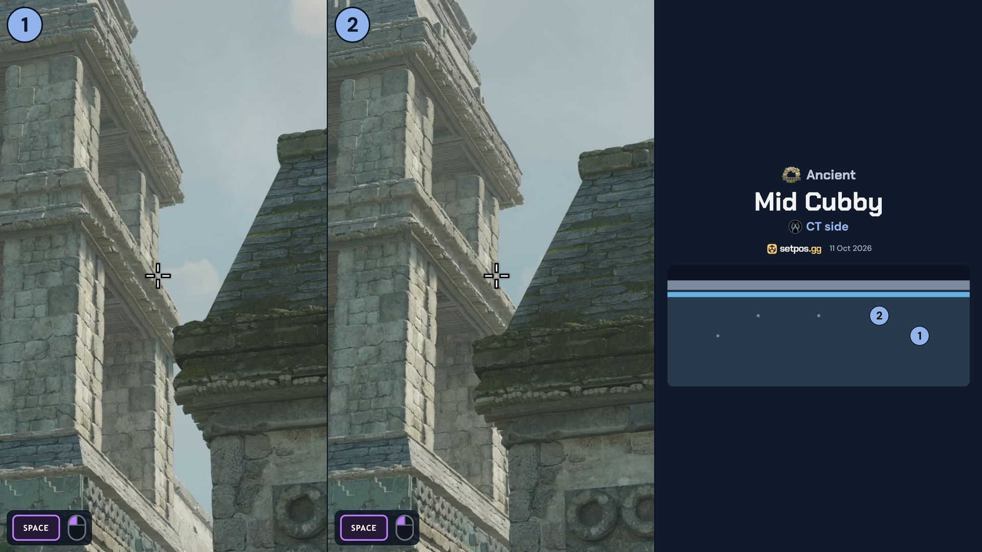 Ancient Mid Cubby instant smoke cheat sheet for CS2: where to aim, CT spawns 1, 2