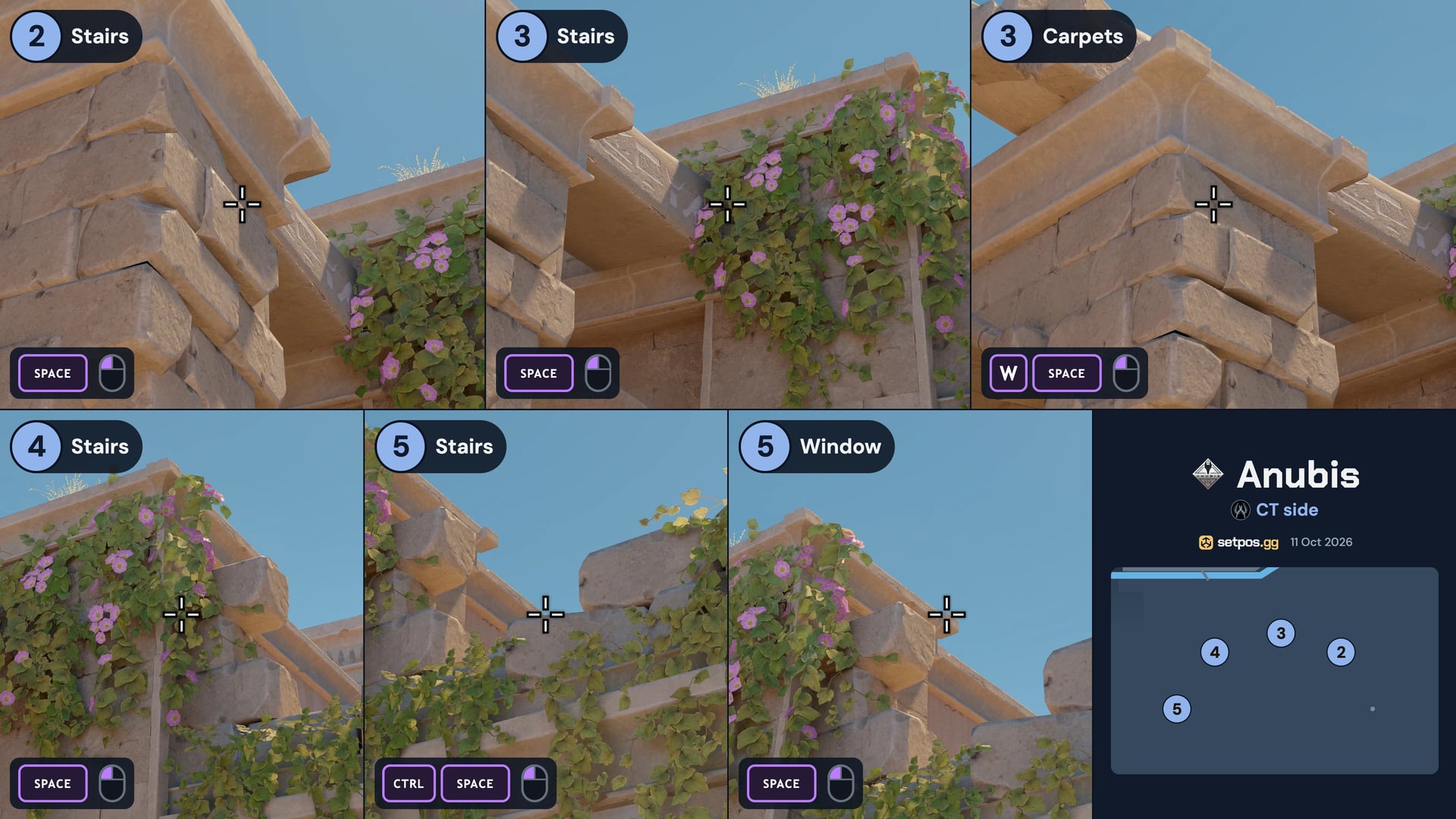 Anubis CT side instant smokes cheat sheet: Stairs, Carpets, Window from every spawn (CS2)