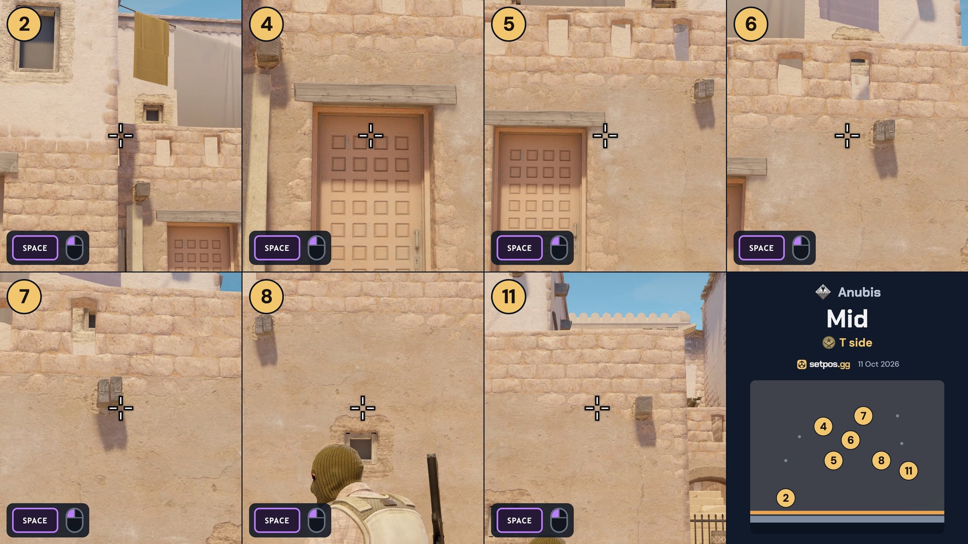 Anubis Mid instant smoke cheat sheet for CS2: where to aim, T spawns 2, 4, 5, 6, 7, 8, 11