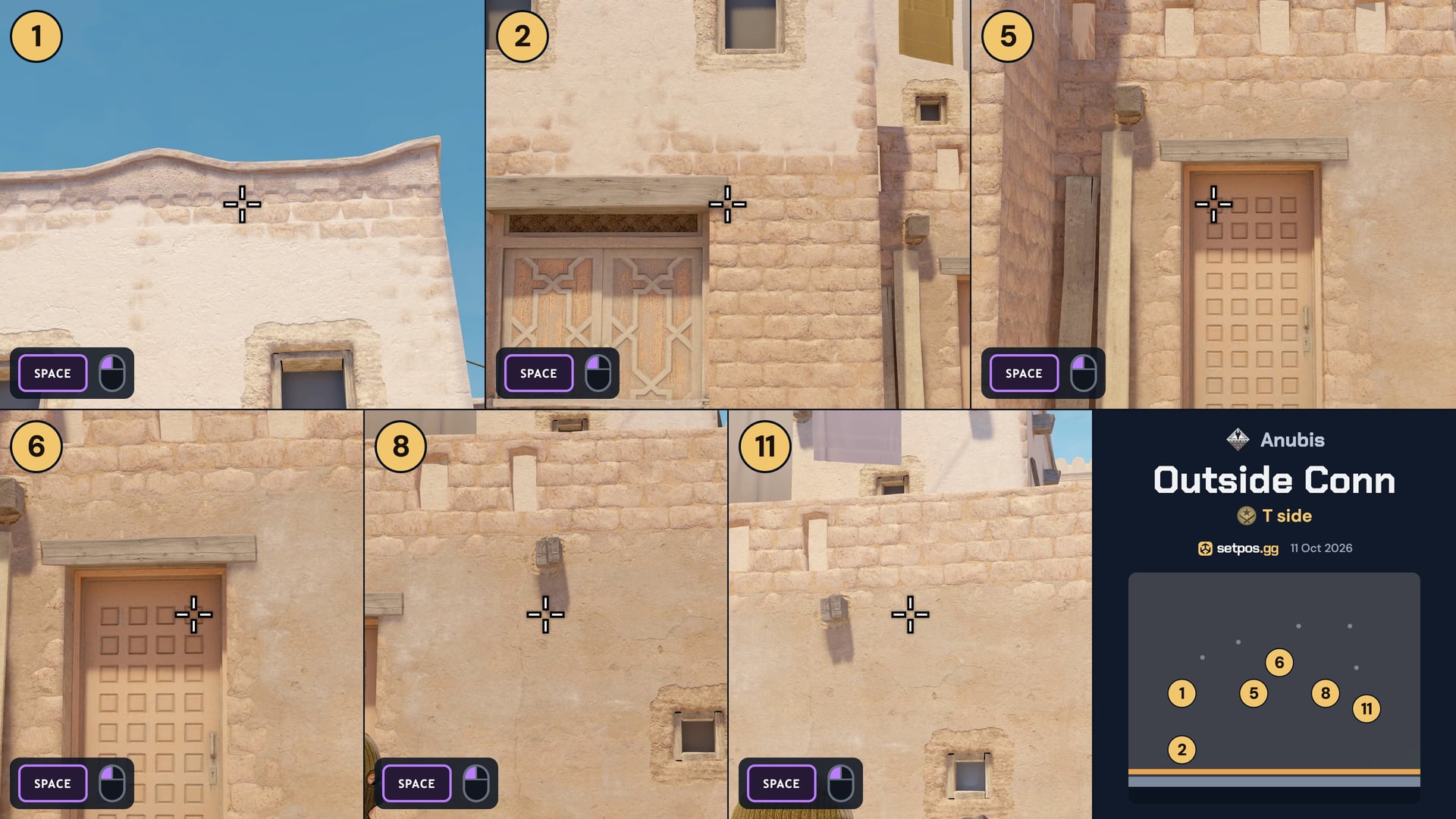 Anubis Outside Conn instant smoke cheat sheet for CS2: where to aim, T spawns 1, 2, 5, 6, 8, 11