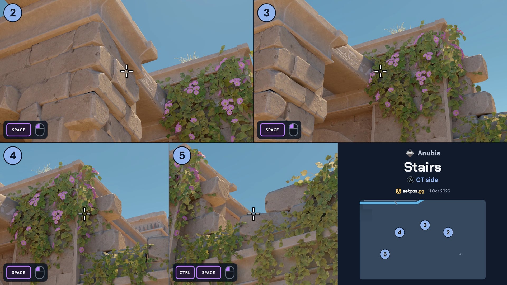 Anubis Stairs instant smoke cheat sheet for CS2: where to aim, CT spawns 2, 3, 4, 5