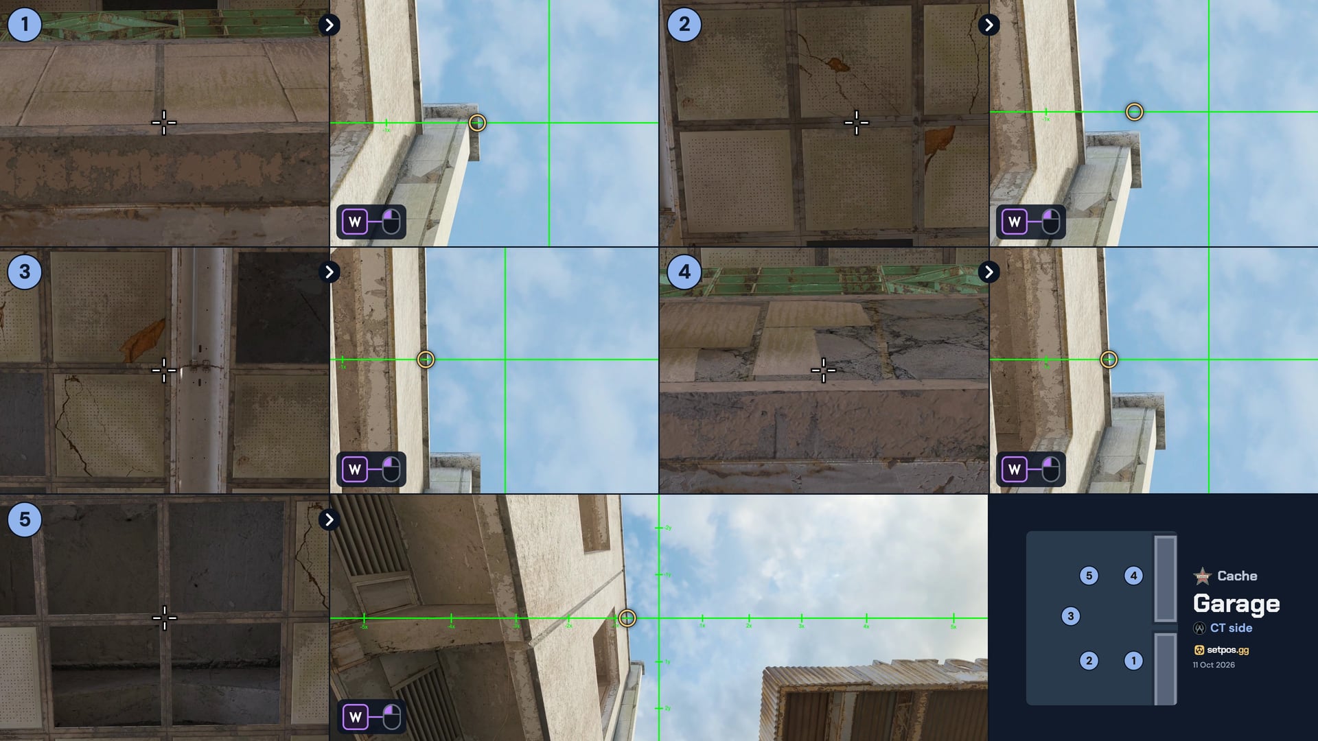 Ściąga z insta smoke'a Garage na mapie Cache (CS2): punkt celowania, numery spawnów CT: 1, 2, 3, 4, 5