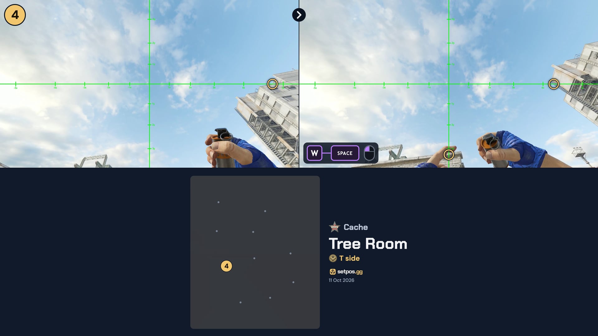 Ściąga z insta smoke'a Tree Room na mapie Cache (CS2): punkt celowania, numery spawnów T: 4
