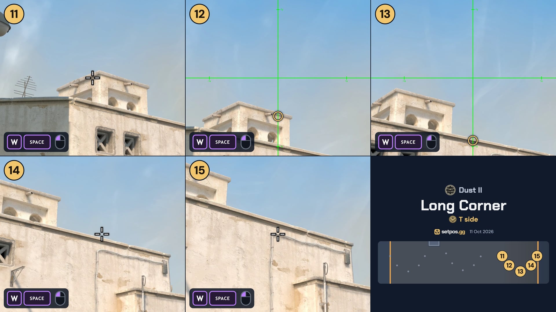 Dust II Long Corner instant smoke cheat sheet for CS2: where to aim, T spawns 11, 12, 13, 14, 15