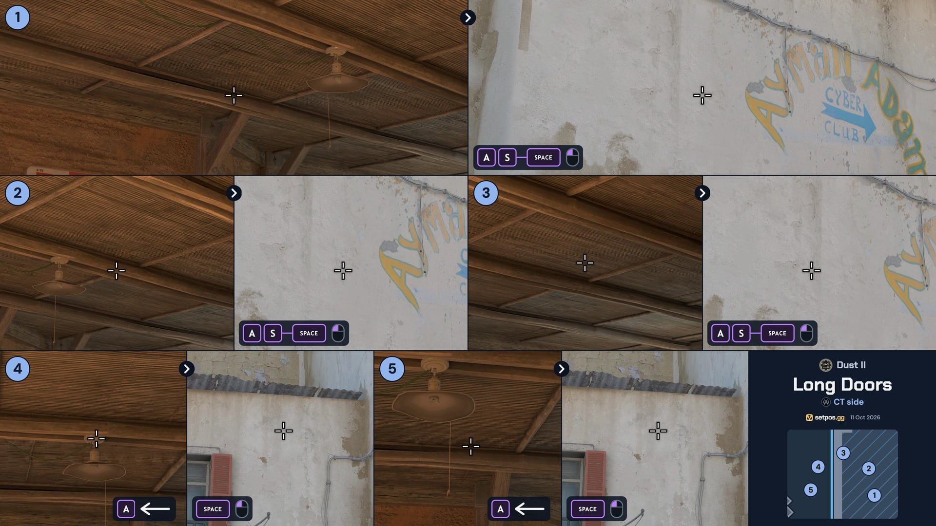 Dust II Long Doors instant smoke cheat sheet for CS2: where to aim, CT spawns 1, 2, 3, 4, 5