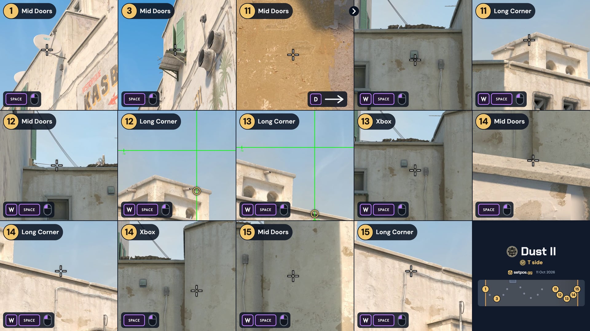 Dust II T side instant smokes cheat sheet: Mid Doors, Long Corner, Xbox from every spawn (CS2)