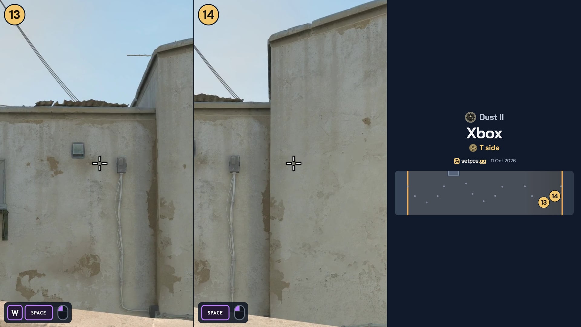 Dust II Xbox instant smoke cheat sheet for CS2: where to aim, T spawns 13, 14