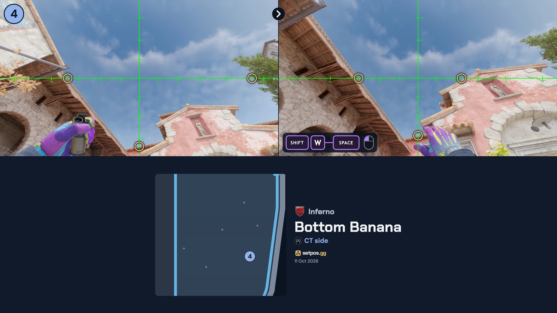 Inferno Bottom Banana instant smoke cheat sheet for CS2: where to aim, CT spawns 4