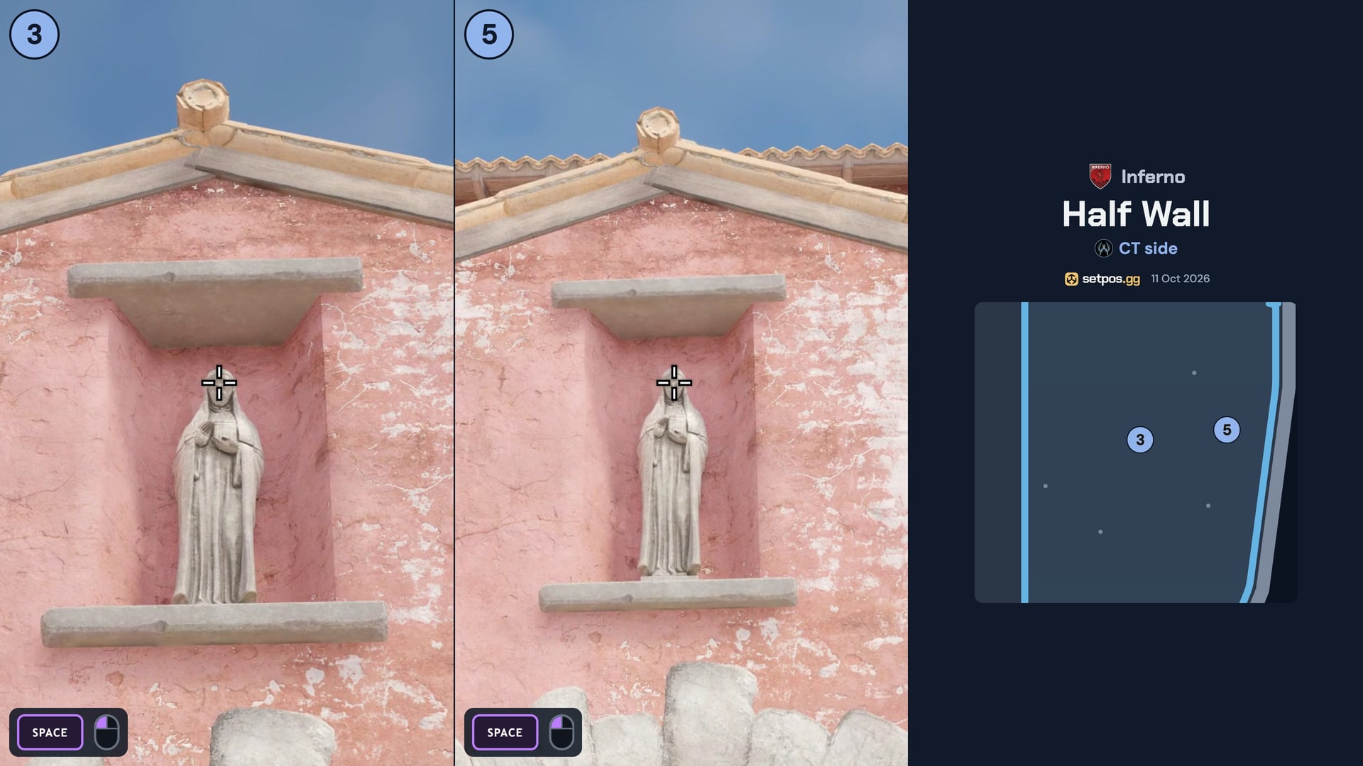 Inferno Half Wall instant smoke cheat sheet for CS2: where to aim, CT spawns 3, 5