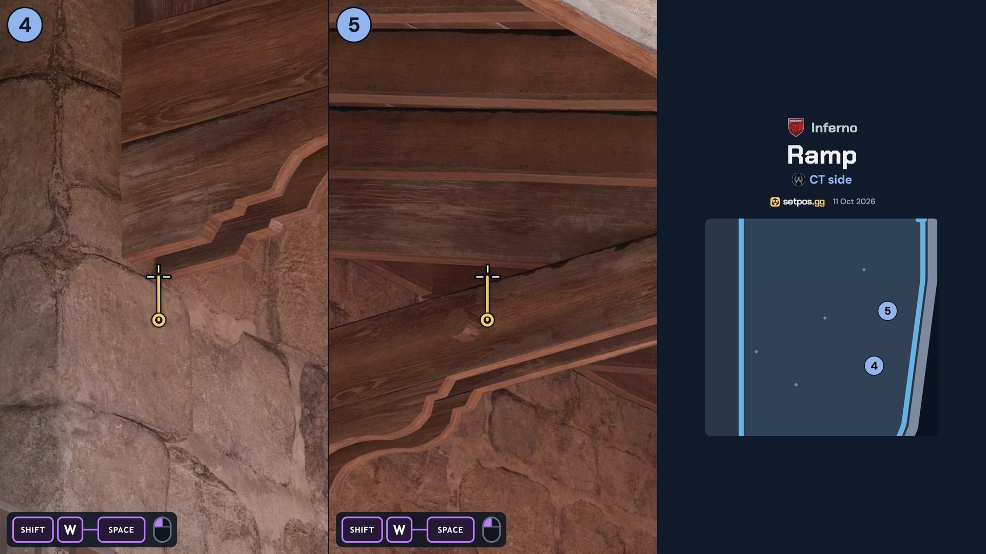 Inferno Ramp instant smoke cheat sheet for CS2: where to aim, CT spawns 4, 5