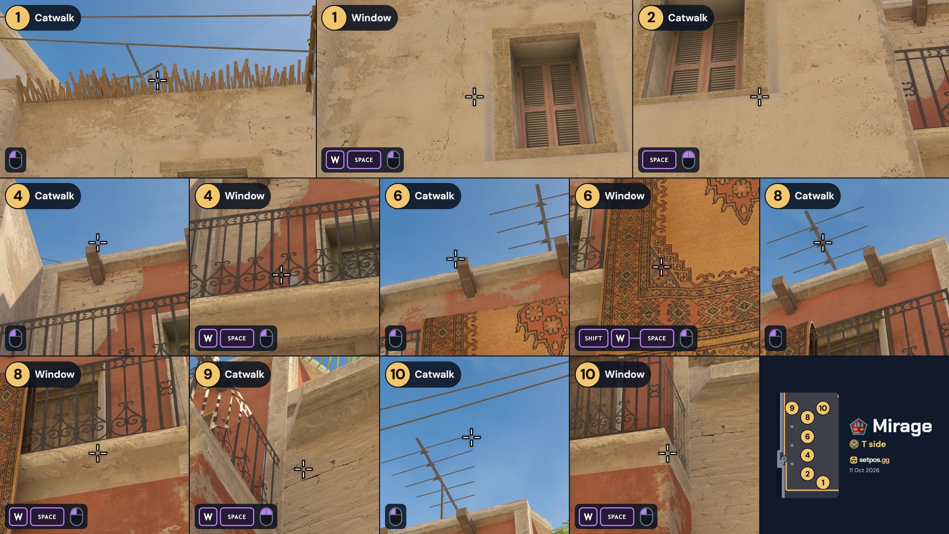 Mirage T side instant smokes cheat sheet: Catwalk, Window from every spawn (CS2)