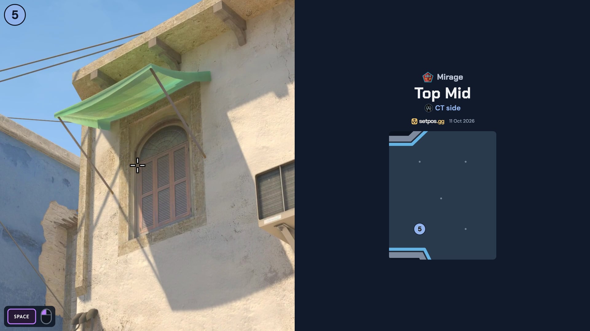 Mirage Top Mid instant smoke cheat sheet for CS2: where to aim, CT spawns 5