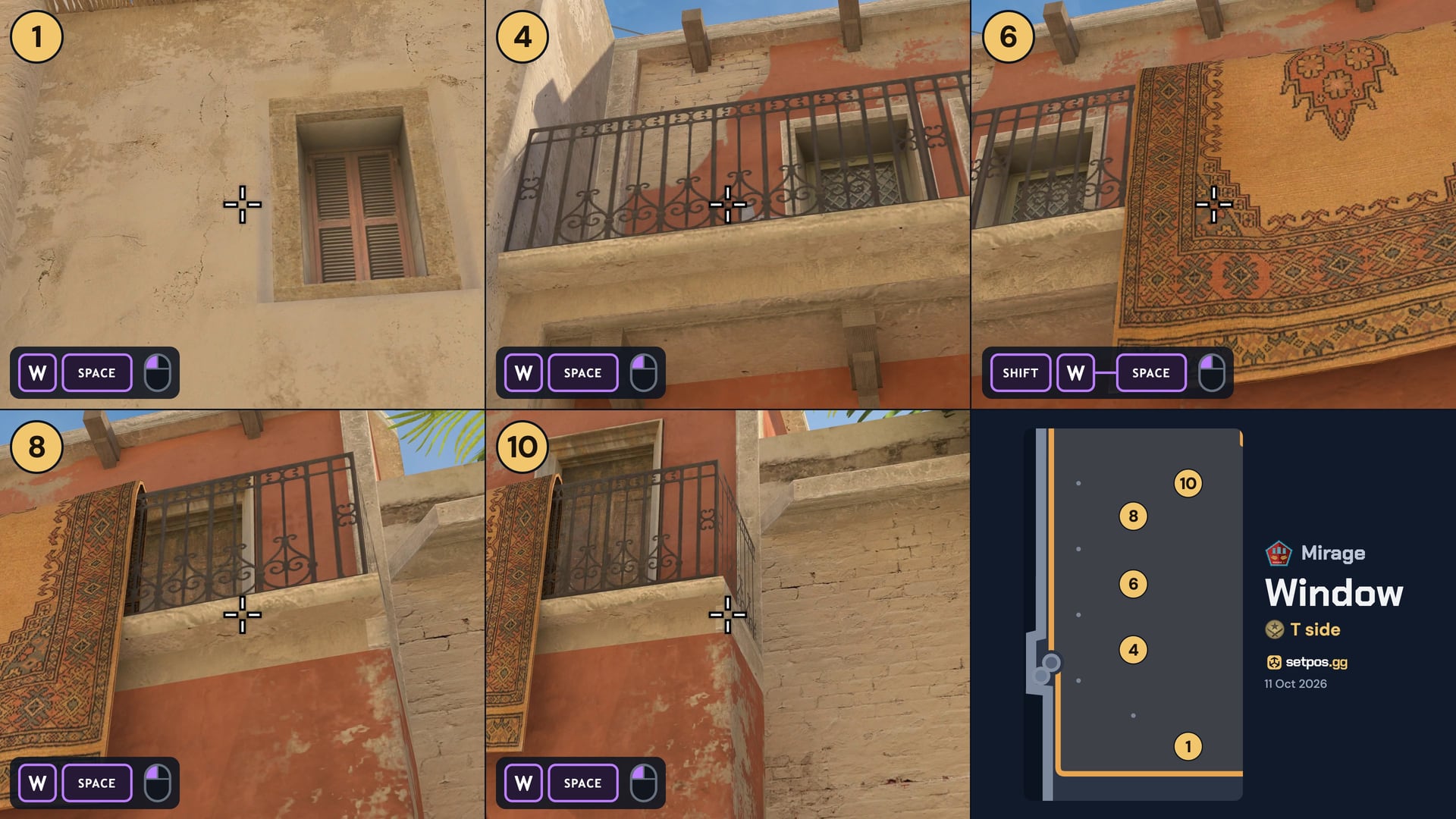 Mirage Window instant smoke cheat sheet for CS2: where to aim, T spawns 1, 4, 6, 8, 10