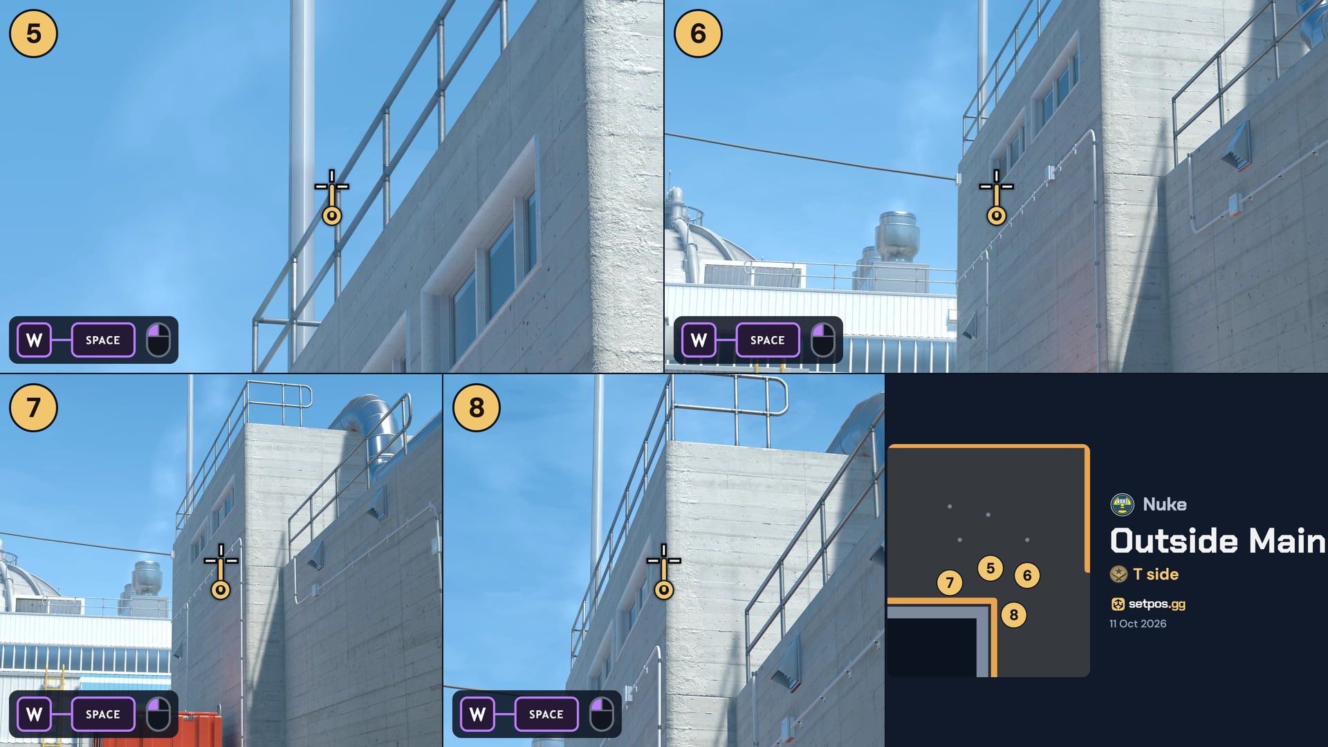 Nuke Outside Main instant smoke cheat sheet for CS2: where to aim, T spawns 5, 6, 7, 8