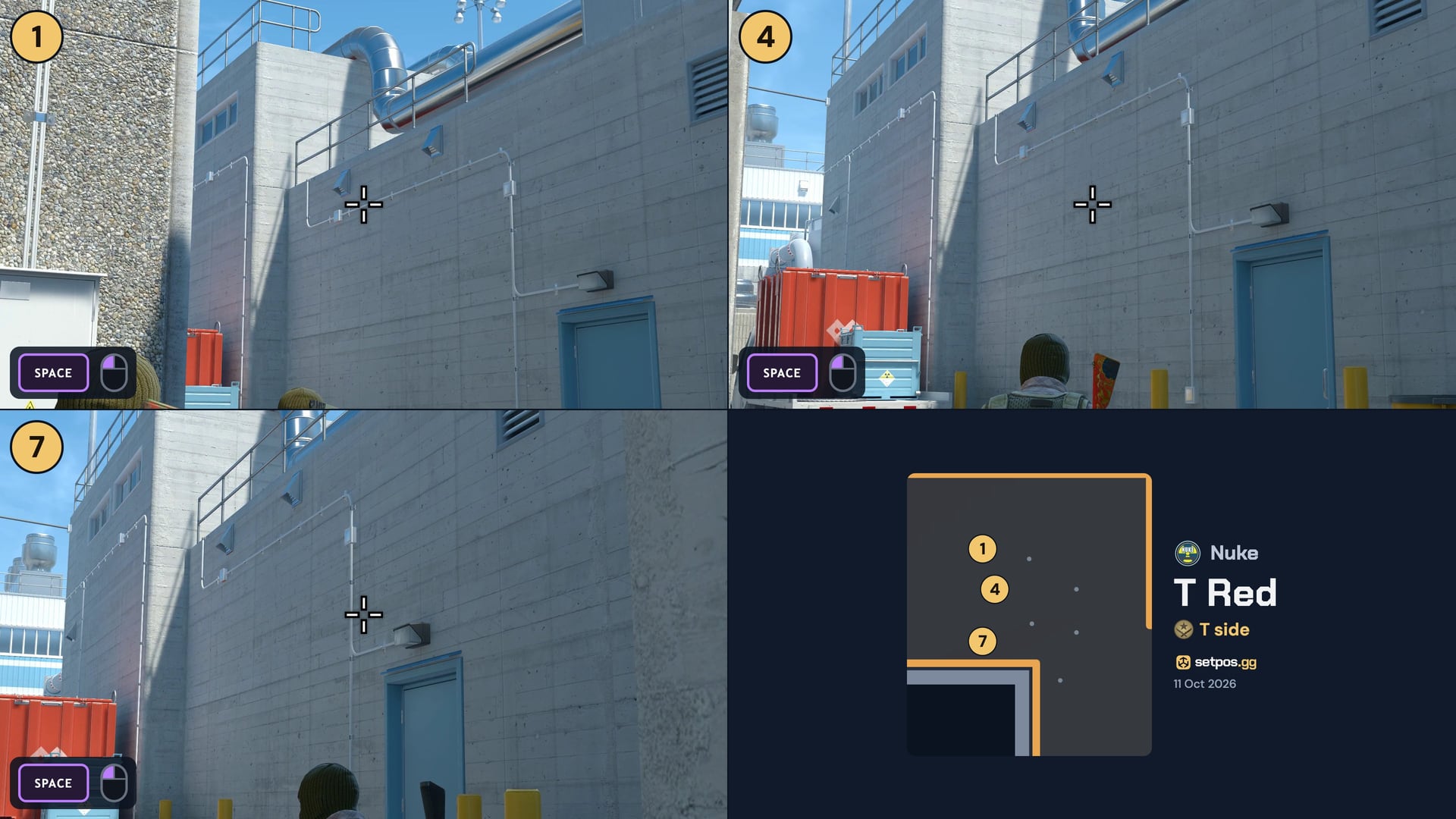 Nuke T Red instant smoke cheat sheet for CS2: where to aim, T spawns 1, 4, 7